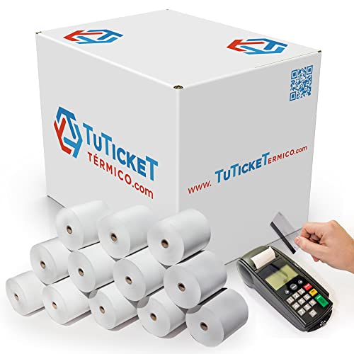 TuTickeT TÉRMICO.com - Rollo de Papel Térmico 57x35x12 mm (60 uds) para Caja Registradora, TPV, Datáfono, Impresora Termica de Ticket con Salida de 57mm de Ancho. Sin Bisphenol A